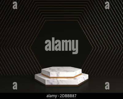 3d rendering of white marble pedestal isolated on black background, hexagon gold frame, memorial board, hexagon steps, abstract minimal concept, blank Stock Photo