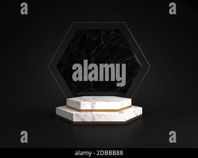 3d rendering of white marble pedestal isolated on black background, hexagon gold frame, memorial board, hexagon steps, abstract minimal concept, blank Stock Photo