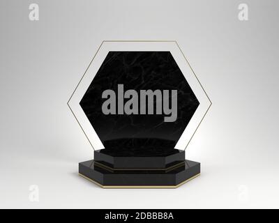 3d rendering of black marble pedestal isolated on white background, hexagon gold frame, memorial board, hexagon steps, abstract minimal concept, blank Stock Photo