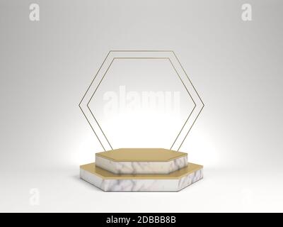 3d rendering of white marble pedestal isolated on white background, hexagon gold frame, memorial board, hexagon steps, abstract minimal concept, blank Stock Photo