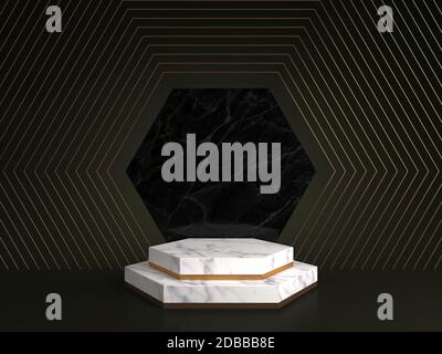 3d rendering of white marble pedestal isolated on black background, hexagon gold frame, memorial board, hexagon steps, abstract minimal concept, blank Stock Photo