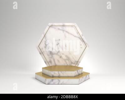 3d rendering of white marble pedestal isolated on white background, hexagon gold frame, memorial board, hexagon steps, abstract minimal concept, blank Stock Photo