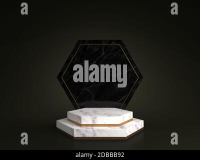 3d rendering of white marble pedestal isolated on black background, hexagon gold frame, memorial board, hexagon steps, abstract minimal concept, blank Stock Photo