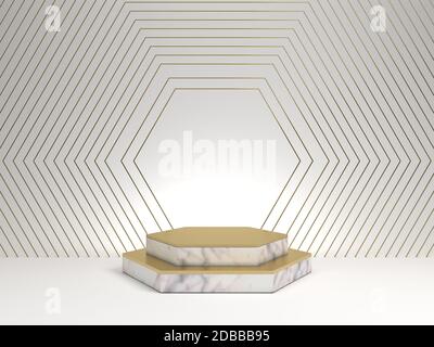 3d rendering of white marble pedestal isolated on white background, hexagon gold frame, memorial board, hexagon steps, abstract minimal concept, blank Stock Photo