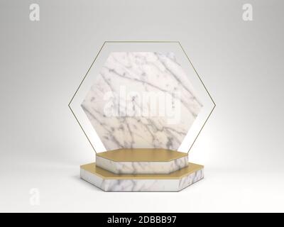 3d rendering of white marble pedestal isolated on white background, hexagon gold frame, memorial board, hexagon steps, abstract minimal concept, blank Stock Photo