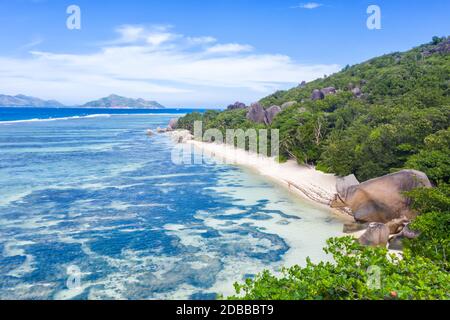 Seychelles Anse Source d'Argent beach La Digue island landscape scenery nature vacation ocean drone view aerial photo relax Stock Photo