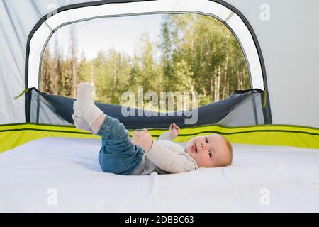 USA, Utah, Uinta National Park, Baby boy (6-11 months) lying in tent, forest in background Stock Photo