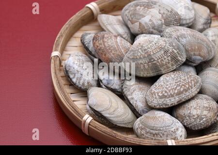 Japanese asari clams in a bamboo basket on wooden table Stock Photo