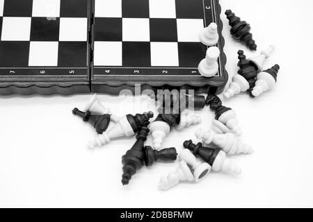 Pocket plastic chess game, checkers on magnets isolated on white background Stock Photo