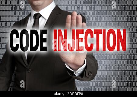 Code injection with matrix is shown by businessman. Stock Photo