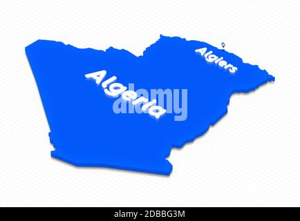 Illustration of a blue ground map of Algeria on grid background. Left 3D isometric perspective projection with the lighting name of country and capita Stock Photo