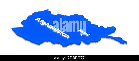 Illustration of a blue ground map of Afghanistan on isolated background. Left 3D isometric perspective projection with the lighting name of country an Stock Photo