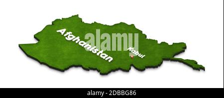 Illustration of a green ground map of Afghanistan on isolated background. Left 3D isometric perspective projection with the name of country and capita Stock Photo