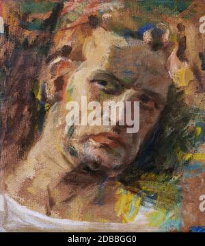 Expressive man portrait oil painting sketch on textured canvas Stock Photo