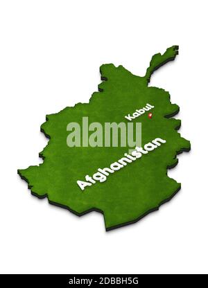 Illustration of a green ground map of Afghanistan on isolated background. Right 3D isometric perspective projection with the name of country and capit Stock Photo