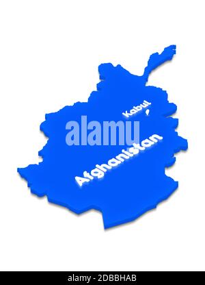 Illustration of a blue ground map of Afghanistan on isolated background. Right 3D isometric perspective projection with the lighting name of country a Stock Photo