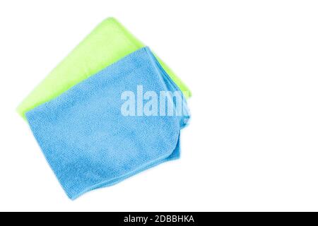 Microfiber cleaning cloth of blue and green on isolated white Stock Photo
