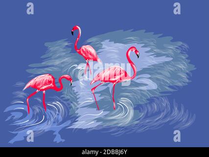 three flamingos on abstract water background Stock Vector
