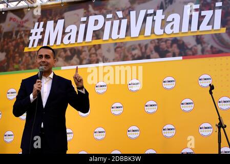 Rome, Italy. 15th Feb, 2020. Foreign Minister Luigi Di Maio speaks from the stage, during the demonstration of the Five Star Movement (M5S), in defense of the law that cuts the revenues of parliamentarians. Credit: Vincenzo Nuzzolese/SOPA Images/ZUMA Wire/Alamy Live News Stock Photo