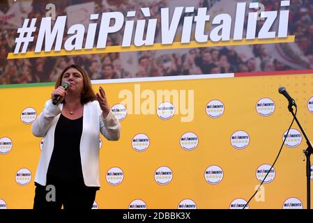 Rome, Italy. 15th Feb, 2020. The Minister of Labor Nunzia Catalfo speaks from the stage during the demonstration of the Five Star Movement (M5S), in defense of the law that cuts the revenues of parliamentarians in Rome. Credit: Vincenzo Nuzzolese/SOPA Images/ZUMA Wire/Alamy Live News Stock Photo