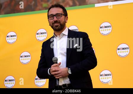Rome, Italy. 15th Feb, 2020. The Minister of Justice Alfondo Bonafede speaks from the stage, during the demonstration of the Five Star Movement (M5S), in defense of the law that cuts the revenues of parliamentarians in Rome. Credit: Vincenzo Nuzzolese/SOPA Images/ZUMA Wire/Alamy Live News Stock Photo
