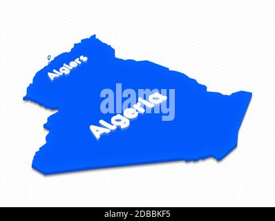 Illustration of a blue ground map of Algeria on grid background. Right 3D isometric perspective projection with the lighting name of country and capit Stock Photo