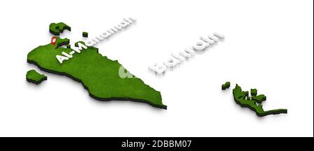 Illustration of a green ground map of Bahrain on white isolated background. Right 3D isometric perspective projection with the name of country and cap Stock Photo