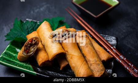 Asian spring rolls with shiso Stock Photo