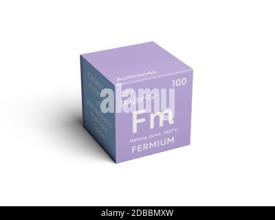 Fermium. Actinoids. Chemical Element of Mendeleev's Periodic Table. Fermium in square cube creative concept. 3D illustration. Stock Photo