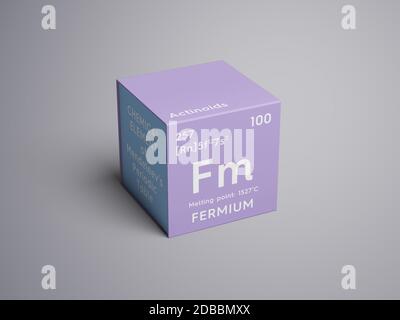 Fermium. Actinoids. Chemical Element of Mendeleev's Periodic Table. Fermium in square cube creative concept. 3D illustration. Stock Photo