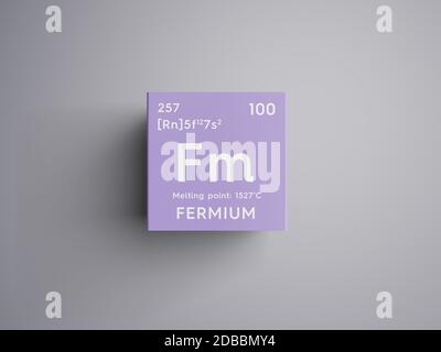 Fermium. Actinoids. Chemical Element of Mendeleev's Periodic Table. Fermium in square cube creative concept. 3D illustration. Stock Photo