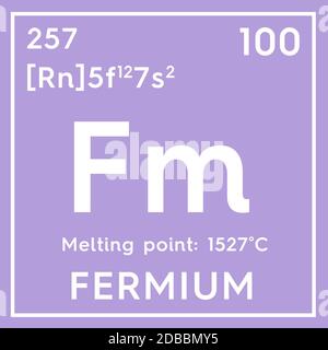 Fermium. Actinoids. Chemical Element of Mendeleev's Periodic Table. Fermium in square cube creative concept. 3D illustration. Stock Photo