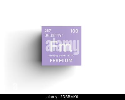 Fermium. Actinoids. Chemical Element of Mendeleev's Periodic Table. Fermium in square cube creative concept. 3D illustration. Stock Photo