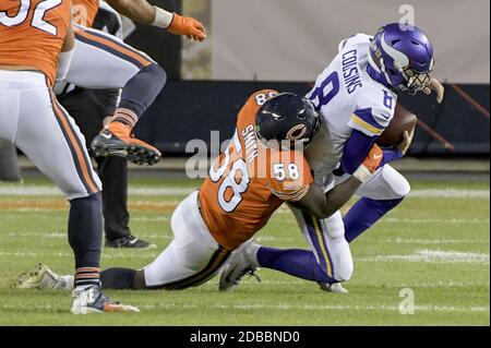 Chicago, United States. 16th Nov, 2020. Chicago Bears inside linebacker Roquan Smith (58) sacks Minnesota Vikings quarterback Kirk Cousins (8) during the third quarter at Soldier Field in Chicago on Monday, November 16, 2020. The Minnesota Vikings defeated the Chicago Bears 19-13. Photo by Mark Black/UPI Credit: UPI/Alamy Live News Stock Photo