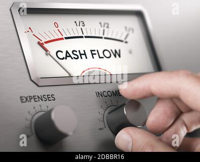 Man turning knob to increase income and cash flow level. Composite image between a hand photography and a 3D background. Stock Photo