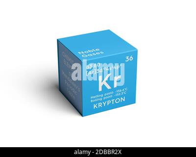 Krypton. Noble gases. Chemical Element of Mendeleev's Periodic Table. Krypton in square cube creative concept. 3D illustration. Stock Photo