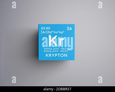 Krypton. Noble gases. Chemical Element of Mendeleev's Periodic Table. Krypton in square cube creative concept. 3D illustration. Stock Photo