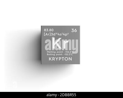 Krypton. Noble gases. Chemical Element of Mendeleev's Periodic Table. Krypton in square cube creative concept. 3D illustration. Stock Photo