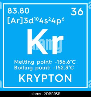 Krypton. Noble gases. Chemical Element of Mendeleev's Periodic Table. Krypton in square cube creative concept. 3D illustration. Stock Photo