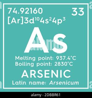 Arsenic. Arsenicum. Metalloids. Chemical Element of Mendeleev's Periodic Table. Arsenic in square cube creative concept. 3D illustration. Stock Photo