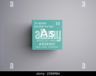 Arsenic. Arsenicum. Metalloids. Chemical Element of Mendeleev's Periodic Table. Arsenic in square cube creative concept. 3D illustration. Stock Photo