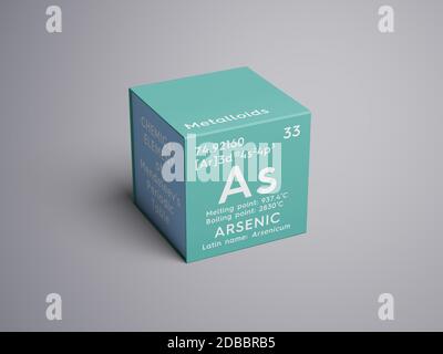 Arsenic. Arsenicum. Metalloids. Chemical Element of Mendeleev's Periodic Table. Arsenic in square cube creative concept. 3D illustration. Stock Photo