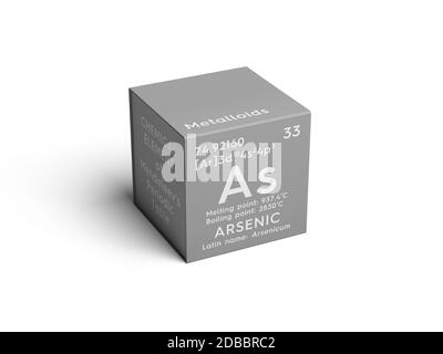 Arsenic. Arsenicum. Metalloids. Chemical Element of Mendeleev's Periodic Table. Arsenic in square cube creative concept. 3D illustration. Stock Photo