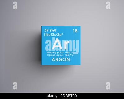 Argon. Noble gases. Chemical Element of Mendeleev's Periodic Table. Argon in square cube creative concept. 3D illustration. Stock Photo