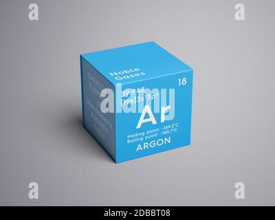 Argon. Noble gases. Chemical Element of Mendeleev's Periodic Table. Argon in square cube creative concept. 3D illustration. Stock Photo