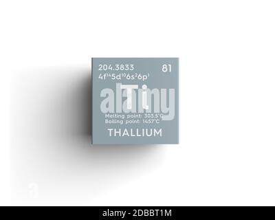 Thallium. Post-transition metals. Chemical Element of Mendeleev's Periodic Table. Thallium in square cube creative concept. 3D illustration. Stock Photo