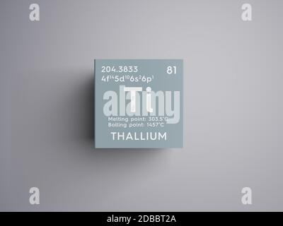 Thallium. Post-transition metals. Chemical Element of Mendeleev's Periodic Table. Thallium in square cube creative concept. 3D illustration. Stock Photo