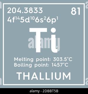 Thallium. Post-transition metals. Chemical Element of Mendeleev's Periodic Table. Thallium in square cube creative concept. 3D illustration. Stock Photo