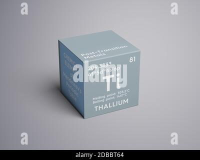 Thallium. Post-transition metals. Chemical Element of Mendeleev's Periodic Table. Thallium in square cube creative concept. 3D illustration. Stock Photo