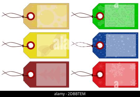 A collection of six Christmas tags in different colors with background patterns. Stock Photo